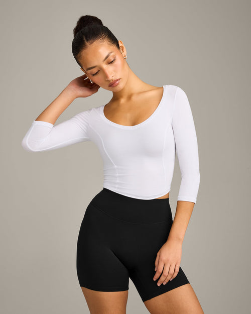 Mellow™ Motion Wide V Neck 3/4 Length Sleeve Mid Top | White