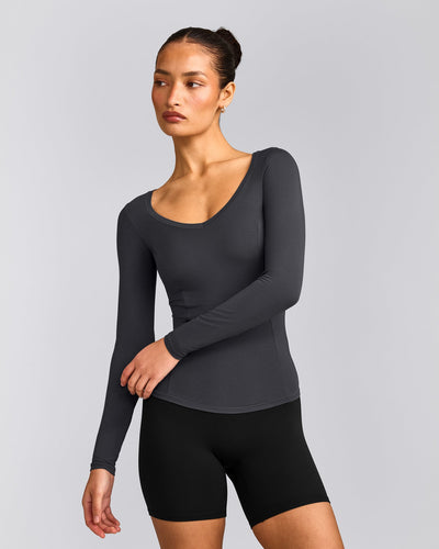 Mellow™ Motion Wide V Neck Long Sleeve Top | Coal