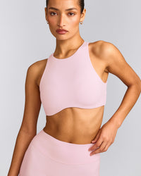 SoftMotion™ High Neck Sports Bra with Grey Logo | Soft Girl Pink