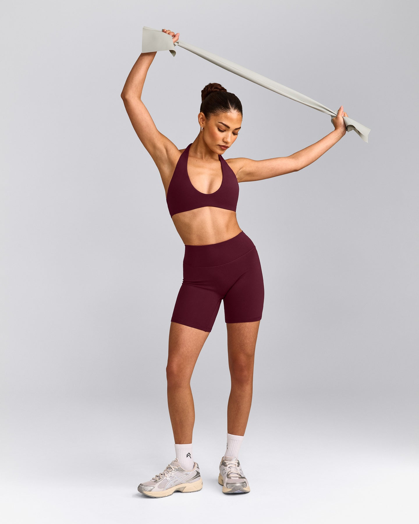 SoftMotion™ Minimal Halter Neck Bralette with Grey Logo | Cherry Lacquer Purple