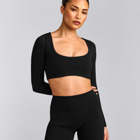 SoftMotion™ Scoop Neck Long Sleeve Crop Top with Built in Bra Shelf with Gray Logo | Black