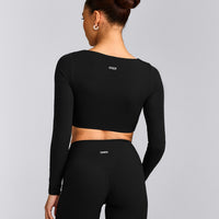 SoftMotion™ Scoop Neck Long Sleeve Crop Top with Built in Bra Shelf with Gray Logo | Black