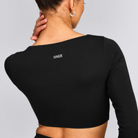 SoftMotion™ Scoop Neck Long Sleeve Crop Top with Built in Bra Shelf with Gray Logo | Black