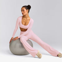 SoftMotion™ Scoop Neck Long Sleeve Crop Top with Built in Bra Shelf with Grey Logo | Soft Girl Pink