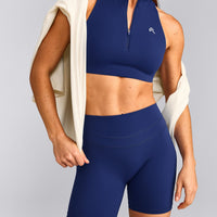 EasyLift™ Zip High Neck Sports Bra with Gray Logo | Varsity Blue