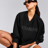 Oversized V Neck Long Sleeve T-Shirt with Oner Graphic | Black