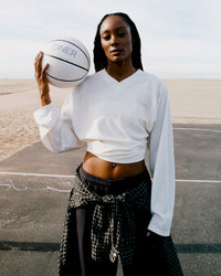 Oversized V Neck Long Sleeve T-Shirt with Oner Graphic | Off White