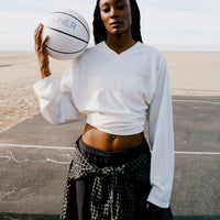 Oversized V Neck Long Sleeve T-Shirt with Oner Graphic | Off White