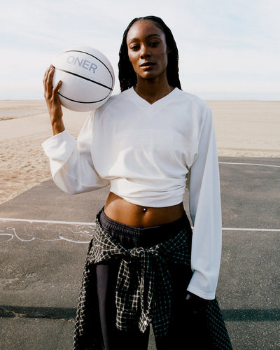 Oversized V Neck Long Sleeve T-Shirt with Oner Graphic | Off White