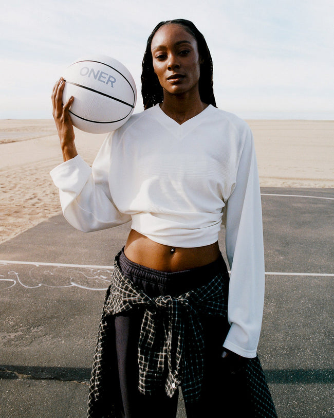 Oversized V Neck Long Sleeve T-Shirt with Oner Graphic | Off White