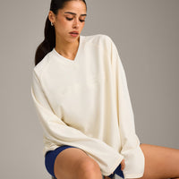 Oversized V Neck Long Sleeve T-Shirt with Oner Graphic | Off White