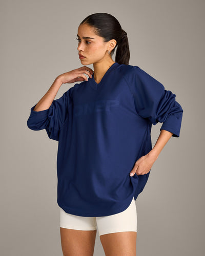 Oversized V Neck Long Sleeve T-Shirt with Oner Graphic | Varsity Blue