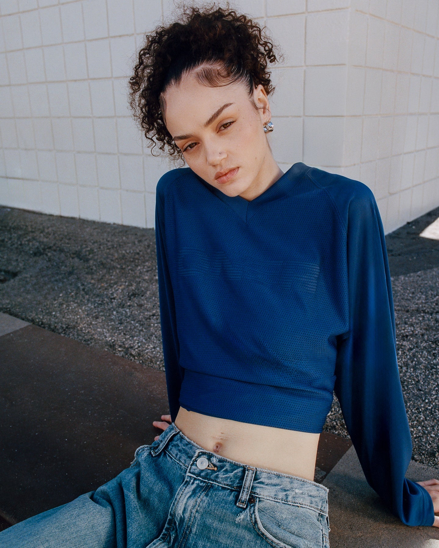 Oversized V Neck Long Sleeve T-Shirt with Oner Graphic | Varsity Blue