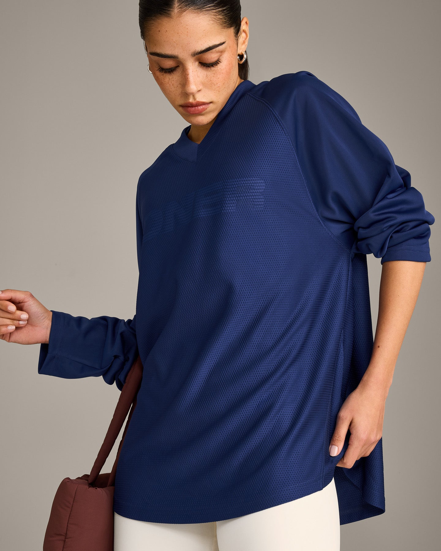 Oversized V Neck Long Sleeve T-Shirt with Oner Graphic | Varsity Blue