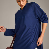 Oversized V Neck Long Sleeve T-Shirt with Oner Graphic | Varsity Blue