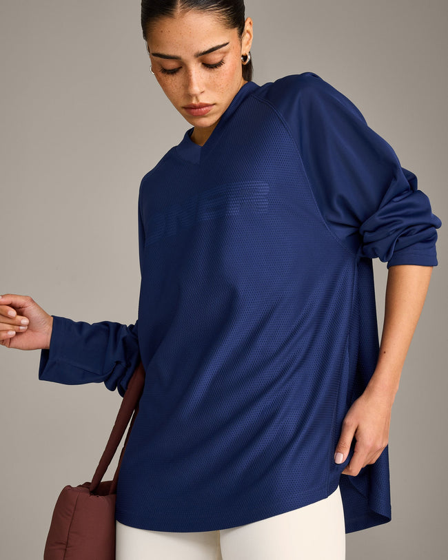 Oversized V Neck Long Sleeve T-Shirt with Oner Graphic | Varsity Blue