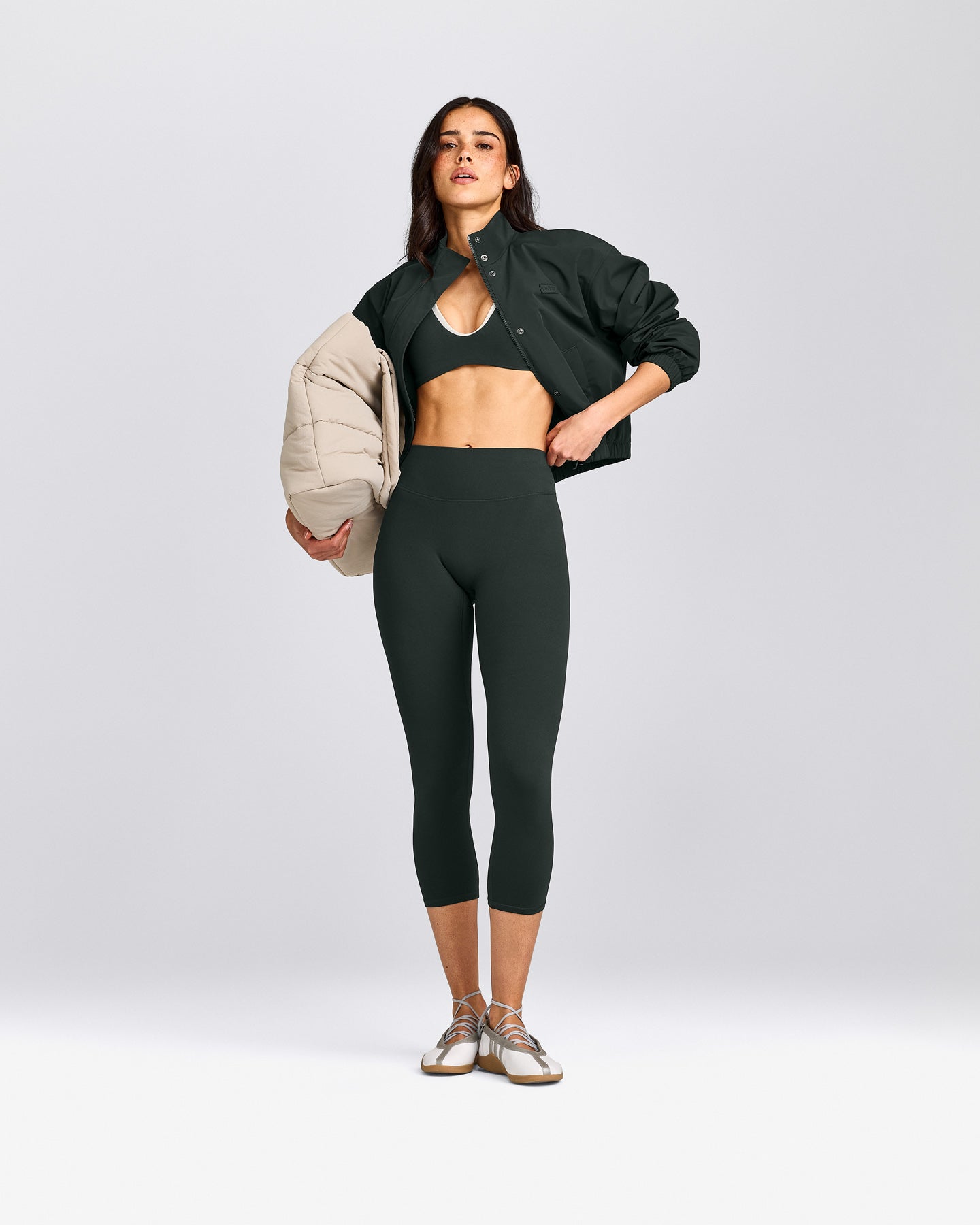 SoftMotion™ 3/4 Length Leggings with Grey Logo | Emerald Noir