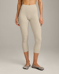 SoftMotion™ 3/4 Length Leggings with Grey Logo | Oatmeal