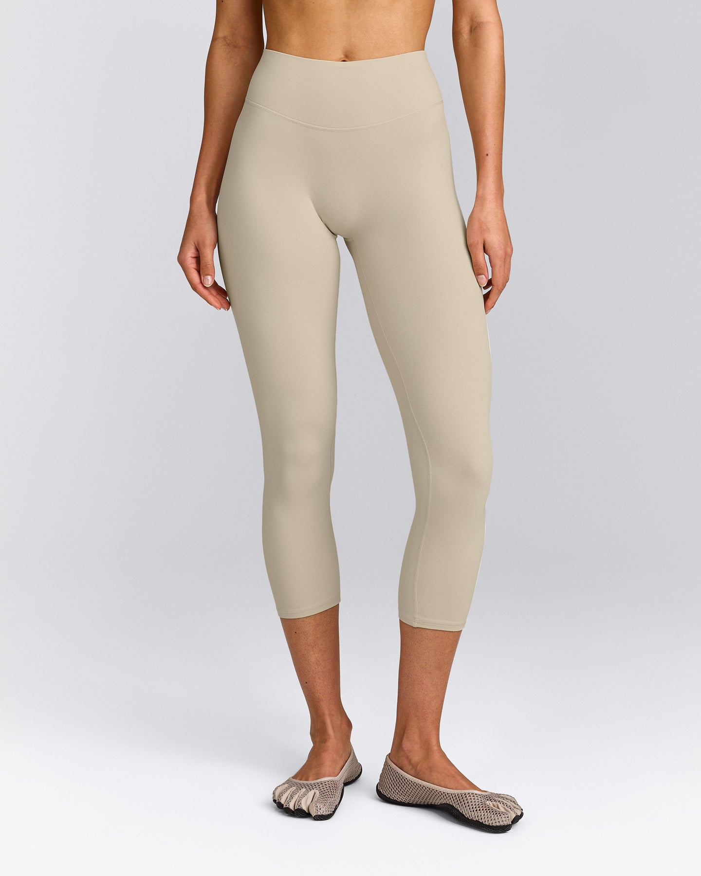SoftMotion™ 3/4 Length Leggings with Grey Logo | Oatmeal