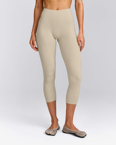 SoftMotion™ 3/4 Length Leggings with Grey Logo | Oatmeal