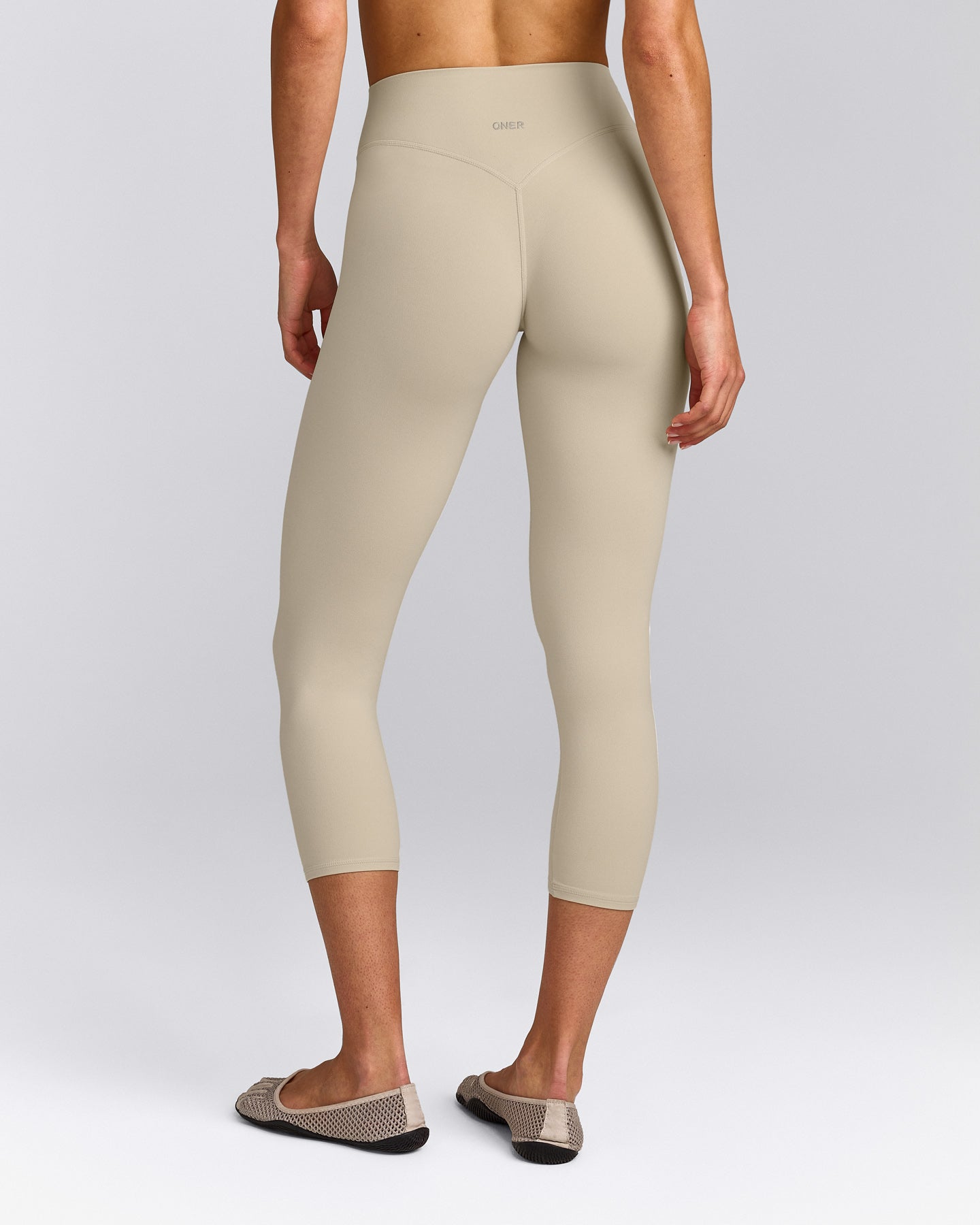SoftMotion™ 3/4 Length Leggings with Grey Logo | Oatmeal