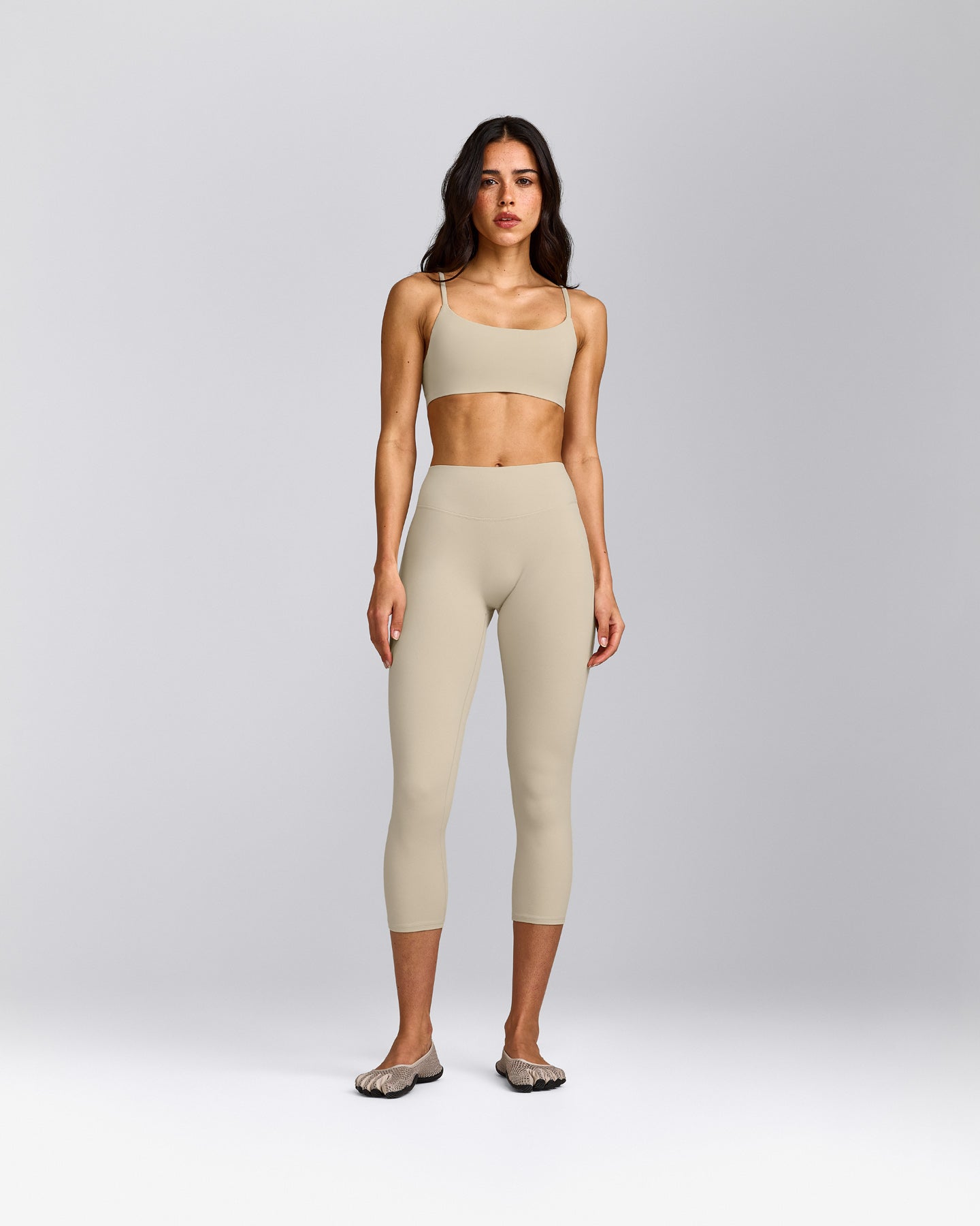 SoftMotion™ 3/4 Length Leggings with Grey Logo | Oatmeal