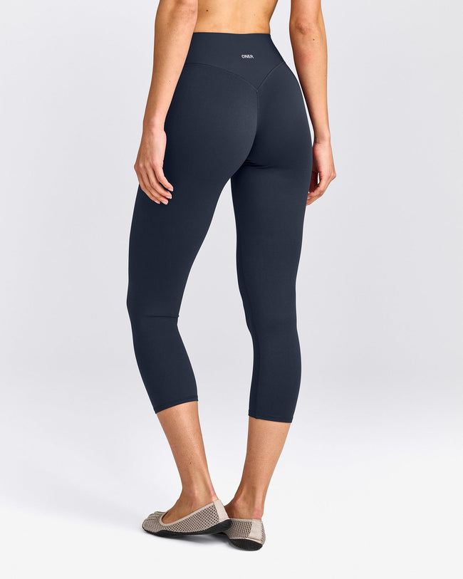 SoftMotion™ 3/4 Length Leggings with Grey Logo | True Blue