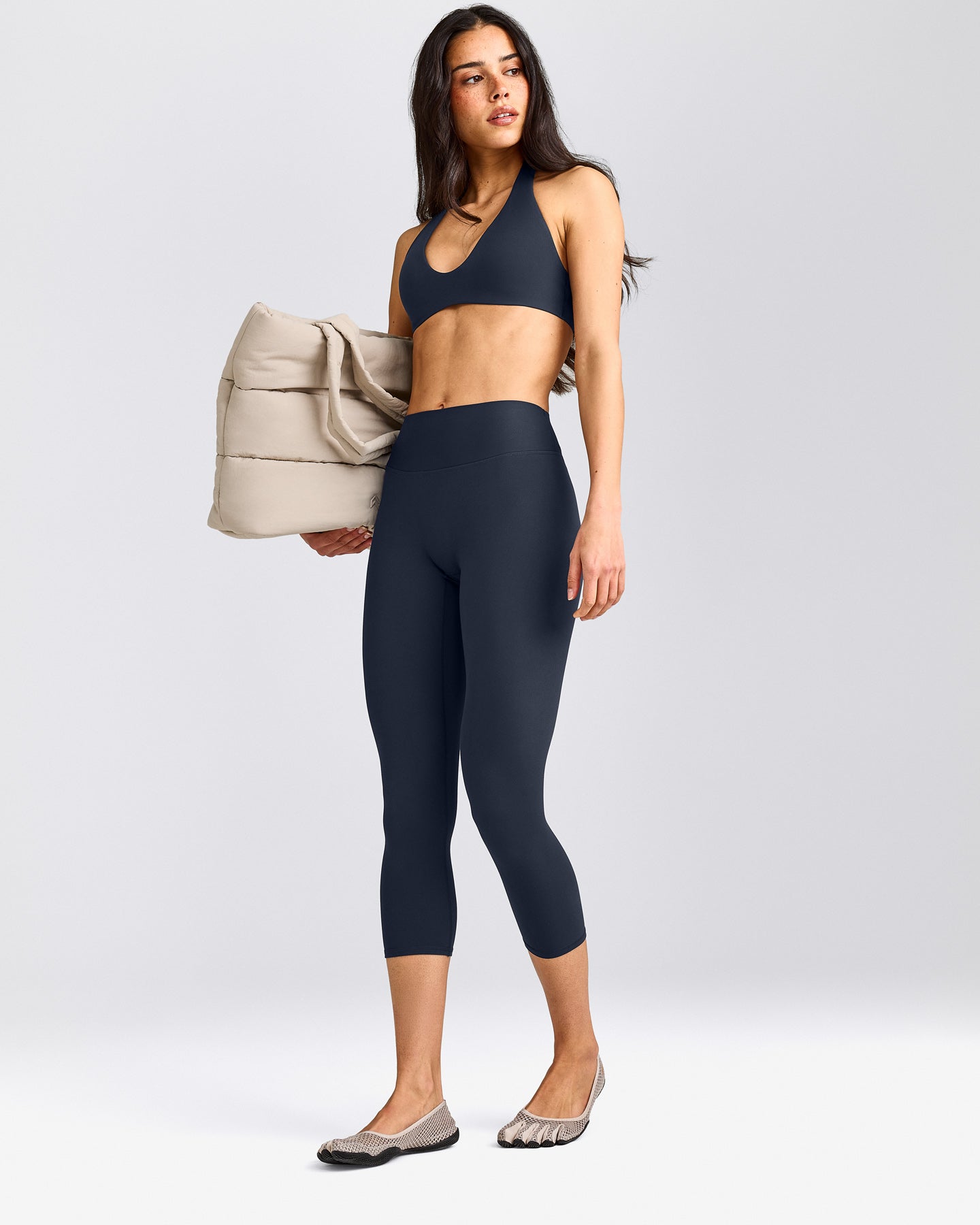 SoftMotion™ 3/4 Length Leggings with Grey Logo | True Blue