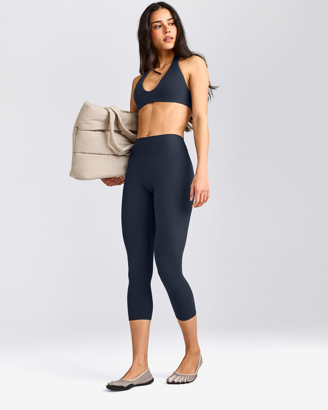SoftMotion™ 3/4 Length Leggings with Grey Logo | True Blue