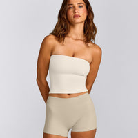 SoftMotion™ Bandeau Mid Vest with Built in Bra Shelf with Grey Logo | Marshmallow White