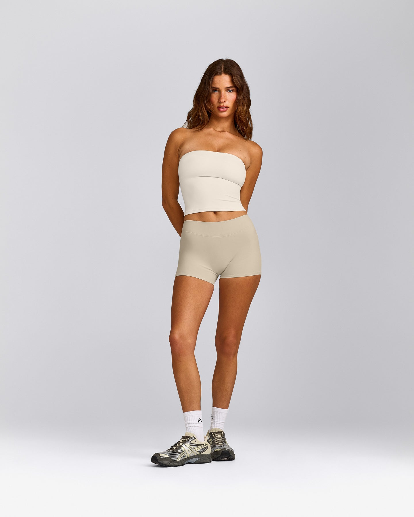SoftMotion™ Bandeau Mid Vest with Built in Bra Shelf with Grey Logo | Marshmallow White