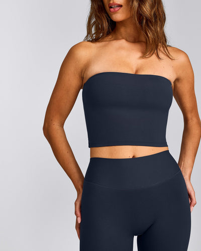 SoftMotion™ Bandeau Mid Vest with Built in Bra Shelf with Grey Logo | True Blue