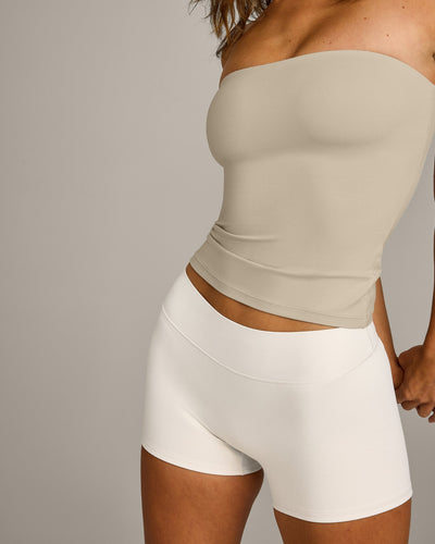 SoftMotion™ Bandeau Vest with Built in Bra Shelf with Grey Logo | Oatmeal
