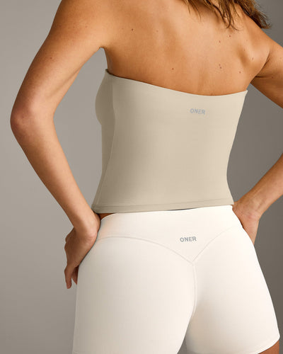 SoftMotion™ Bandeau Vest with Built in Bra Shelf with Grey Logo | Oatmeal
