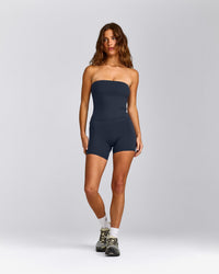 SoftMotion™ Bandeau Vest with Built in Bra Shelf with Grey Logo | True Blue