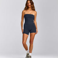 SoftMotion™ Bandeau Vest with Built in Bra Shelf with Grey Logo | True Blue