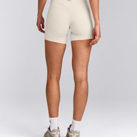 SoftMotion™ Double Layer High Waisted Shorts 6" with Grey Logo | Marshmallow White