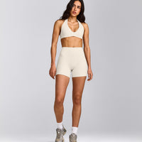 SoftMotion™ Double Layer High Waisted Shorts 6" with Grey Logo | Marshmallow White