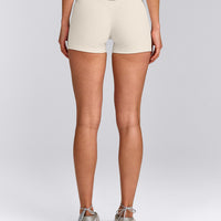 SoftMotion™ Double Layer Mid Rise Micro Shorts 4" with Grey Logo | Marshmallow White