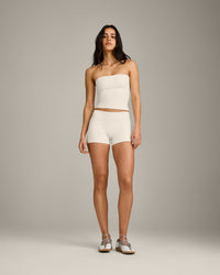 SoftMotion™ Double Layer Mid Rise Shorts 4" with Grey Logo | Marshmallow White
