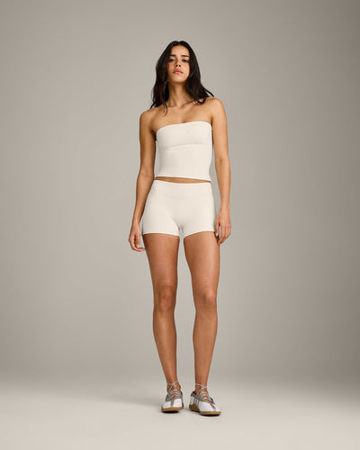 SoftMotion™ Double Layer Mid Rise Shorts 4" with Grey Logo | Marshmallow White