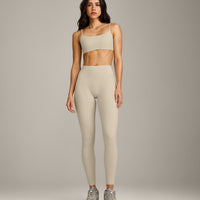SoftMotion™ High Waisted Leggings with Grey Logo | Oatmeal