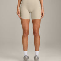 SoftMotion™ High Waisted Shorts 6" with Grey Logo | Oatmeal