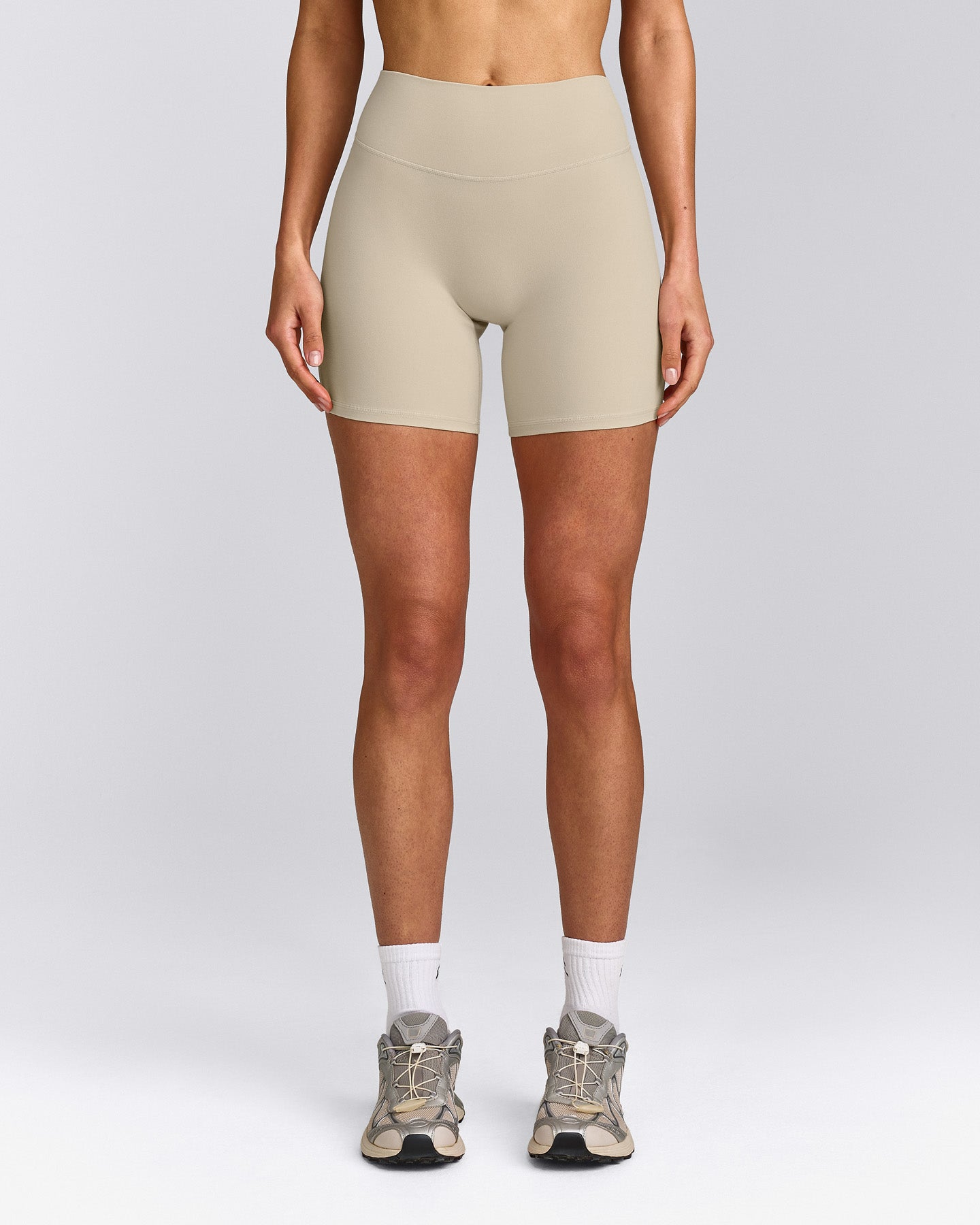 SoftMotion™ High Waisted Shorts 6" with Grey Logo | Oatmeal