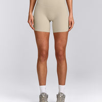 SoftMotion™ High Waisted Shorts 6" with Grey Logo | Oatmeal
