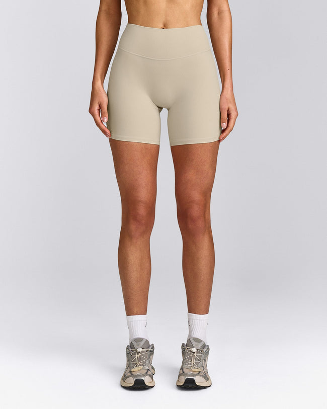 SoftMotion™ High Waisted Shorts 6" with Grey Logo | Oatmeal