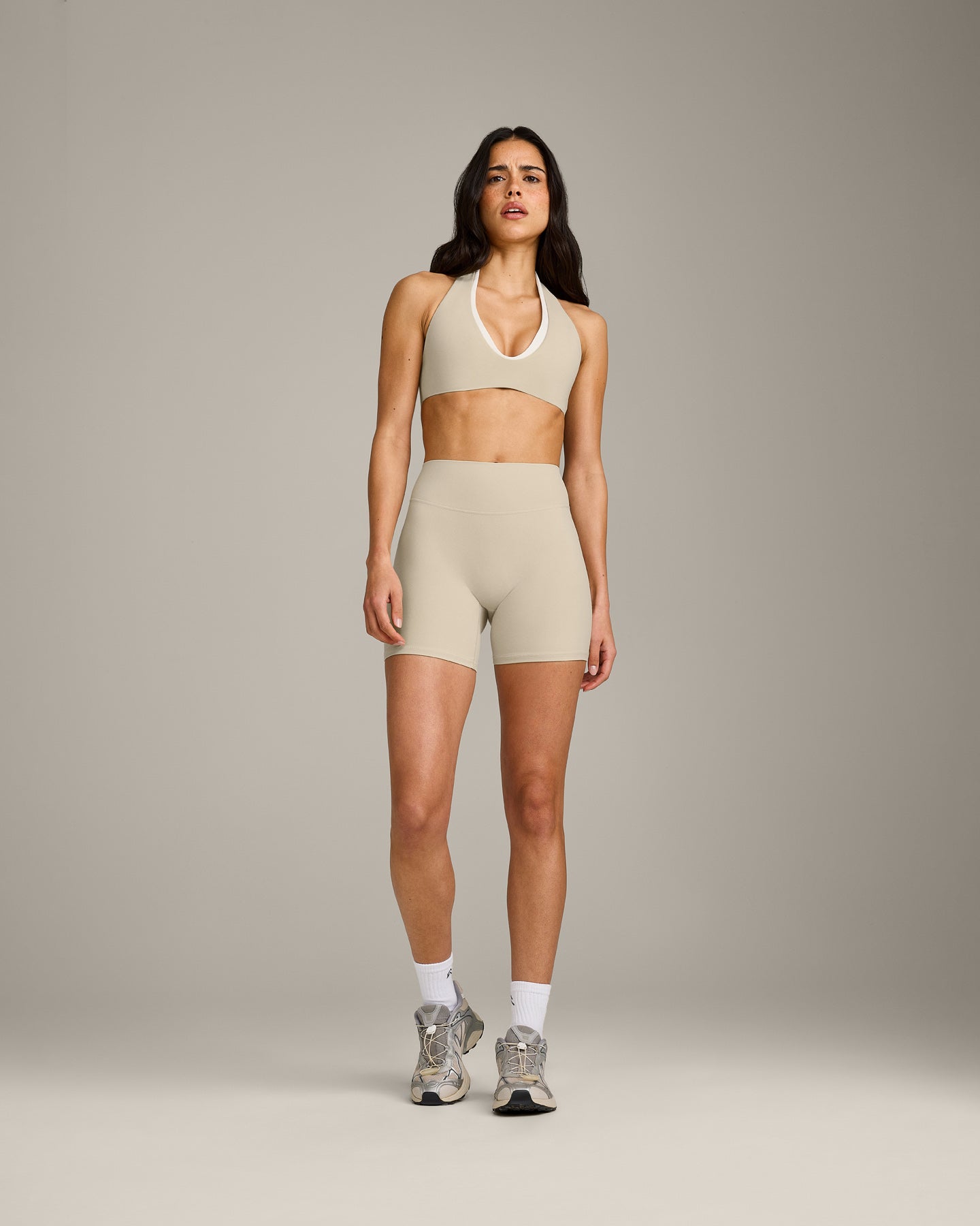 SoftMotion™ High Waisted Shorts 6" with Grey Logo | Oatmeal