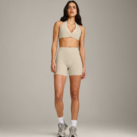 SoftMotion™ High Waisted Shorts 6" with Grey Logo | Oatmeal