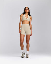 SoftMotion™ High Waisted Shorts 6" with Grey Logo | Oatmeal