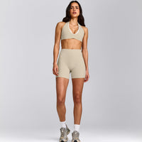 SoftMotion™ High Waisted Shorts 6" with Grey Logo | Oatmeal